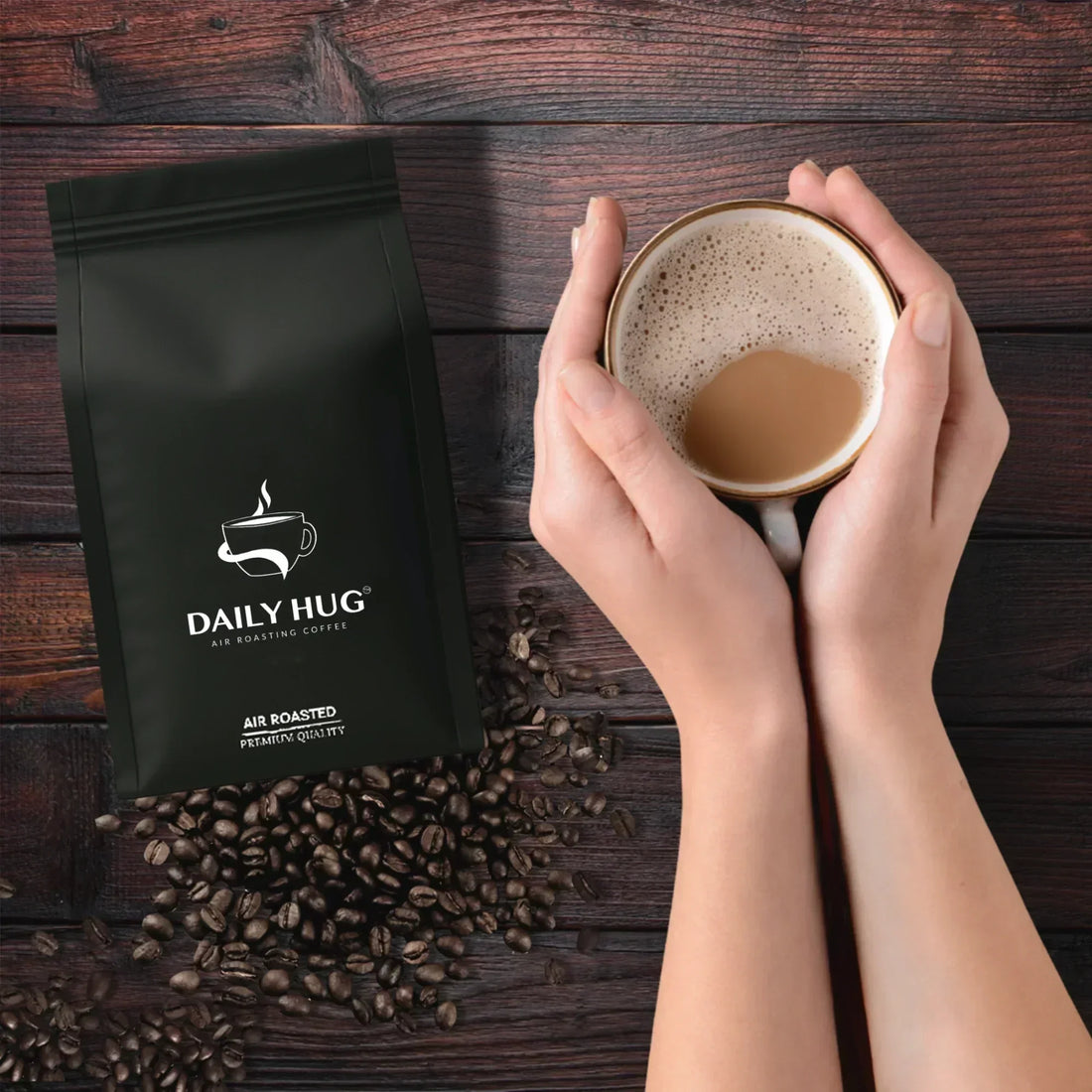 daily hug coffee pack and a coffee cup